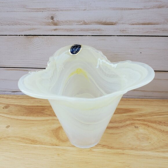 VTG MCM 1960s Murano Glass White Swirl Art Glass Vase Fluted Rim Made In Italy - Picture 5 of 10